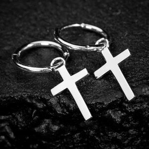 Men's White Gold Plated Solid Sterling Silver Dangle Cross Huggie Hoop Earrings